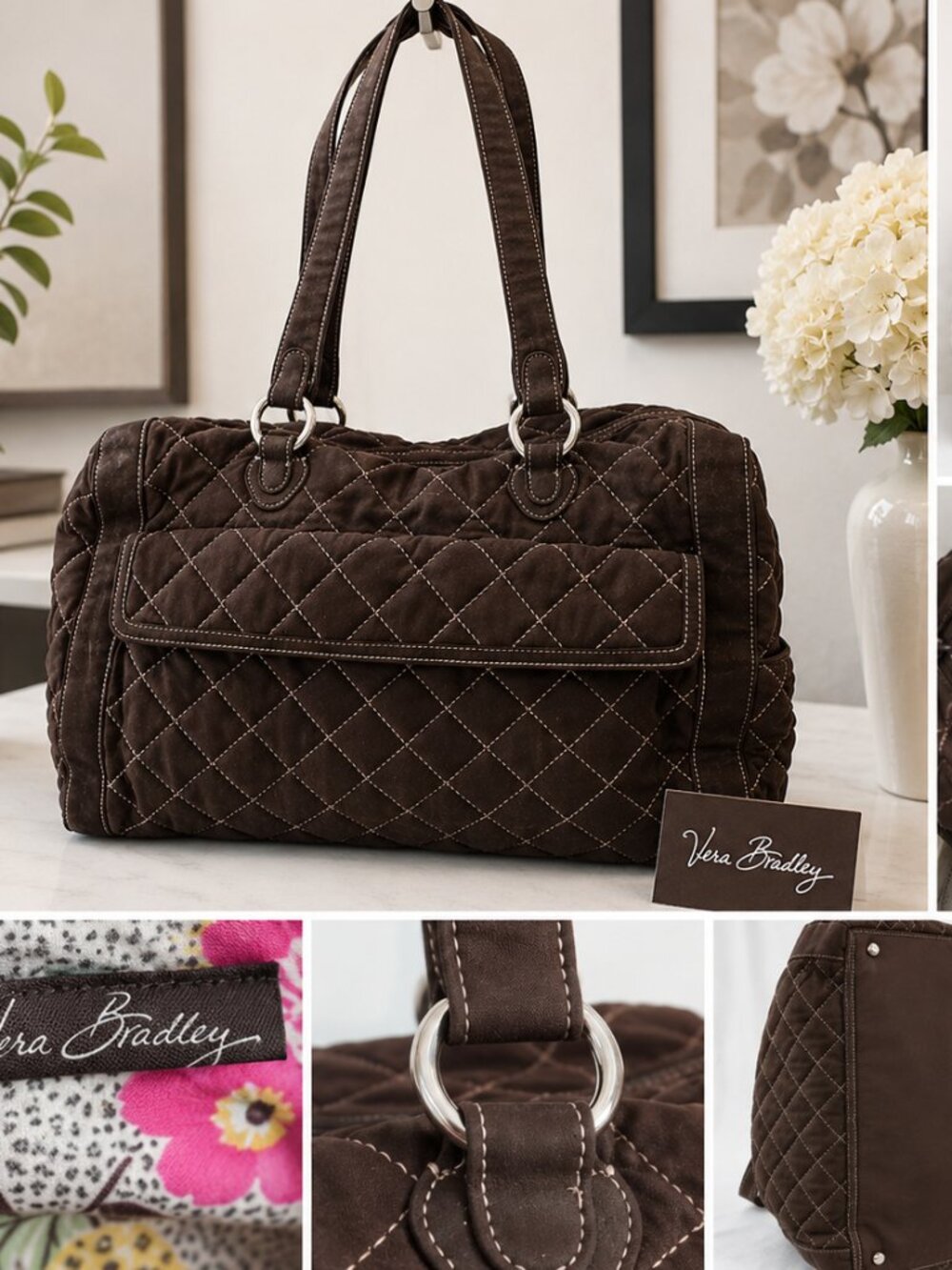 Vera Bradley Brown Quilted Large Travel Tote Shoulder Bag Floral Lining